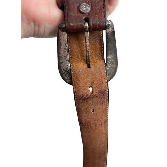 Vintage 1995 JUSTIN Western Black Brown Leather Belt Cowboy Silver Tone Buckle - Picture 7 of 16
